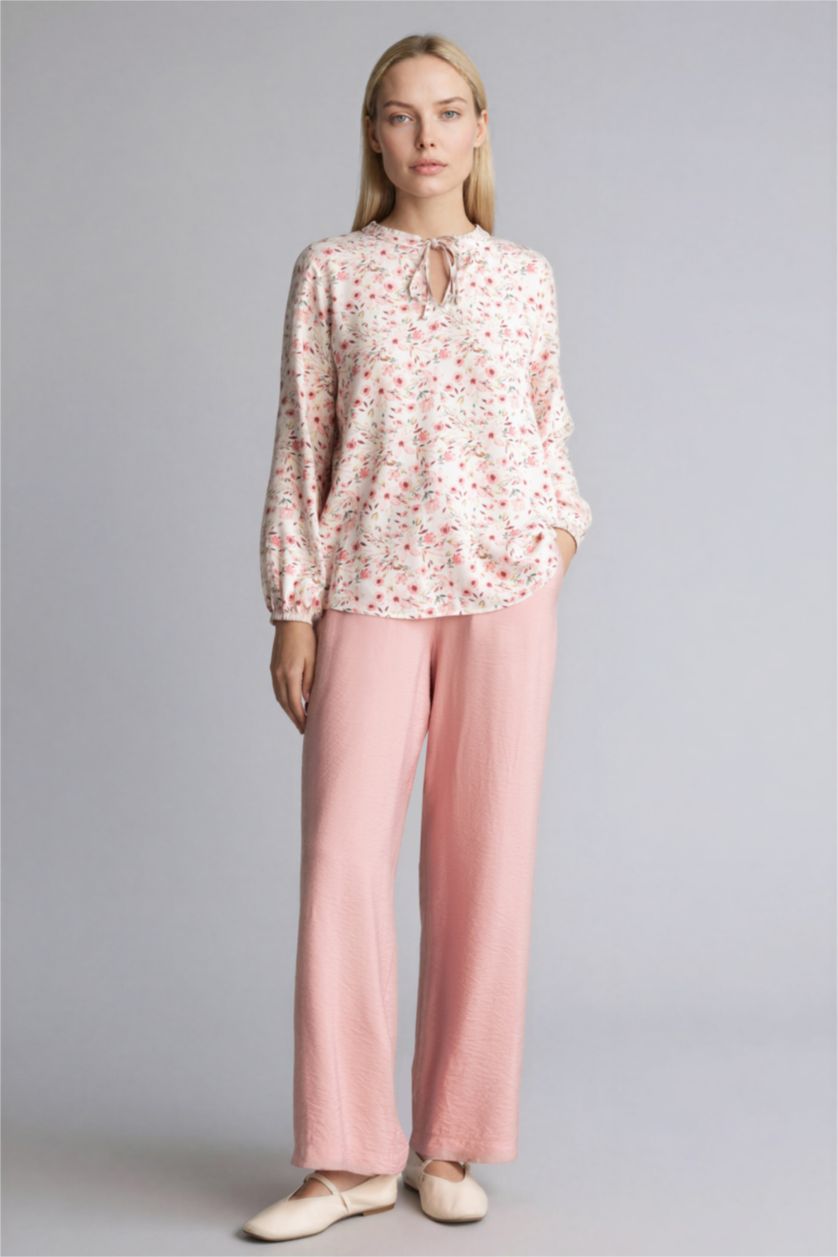 Kadın Bordo Regular Fıt Bisiklet Yaka Baskılı Uzun Kollu Bluz