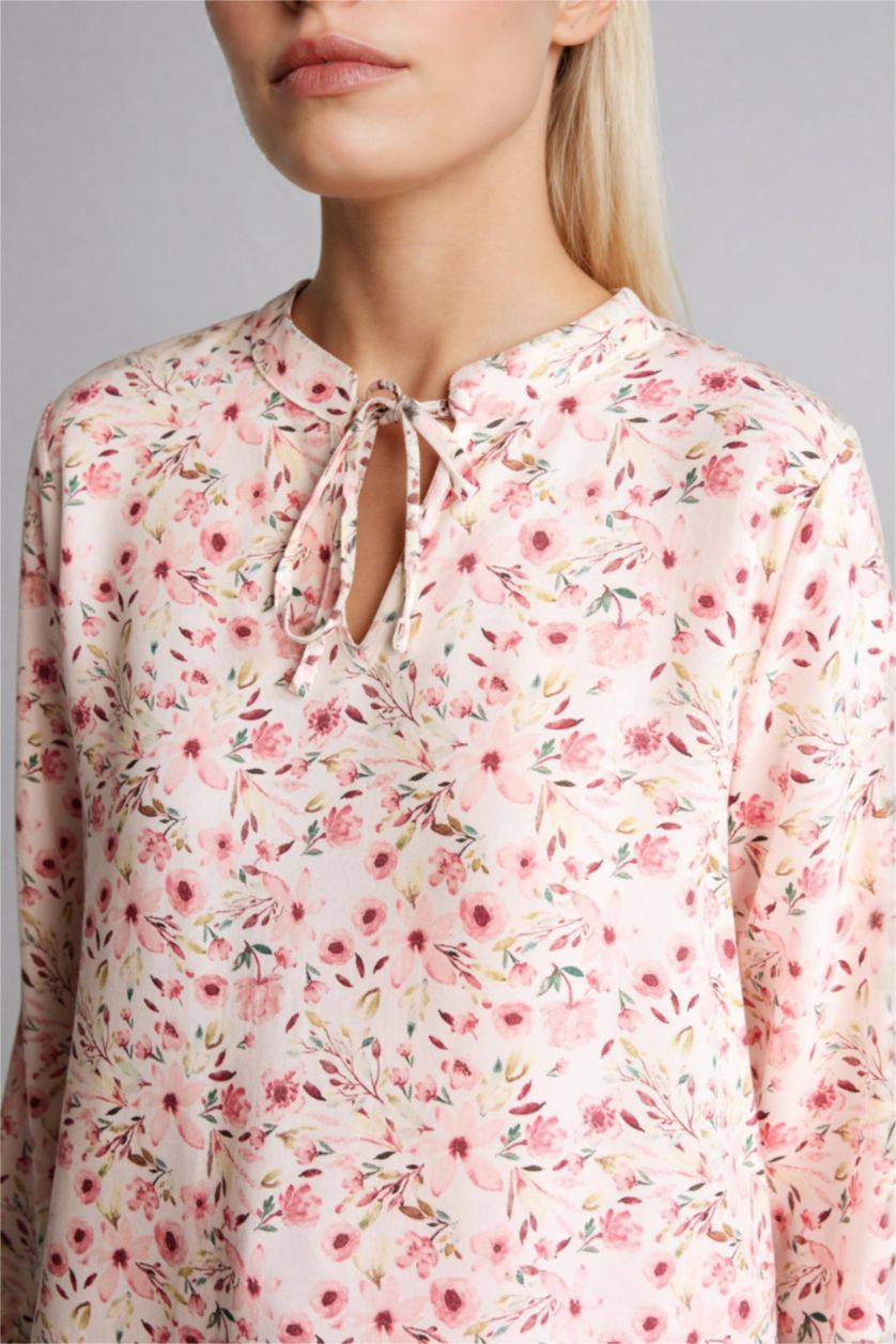 Kadın Bordo Regular Fıt Bisiklet Yaka Baskılı Uzun Kollu Bluz