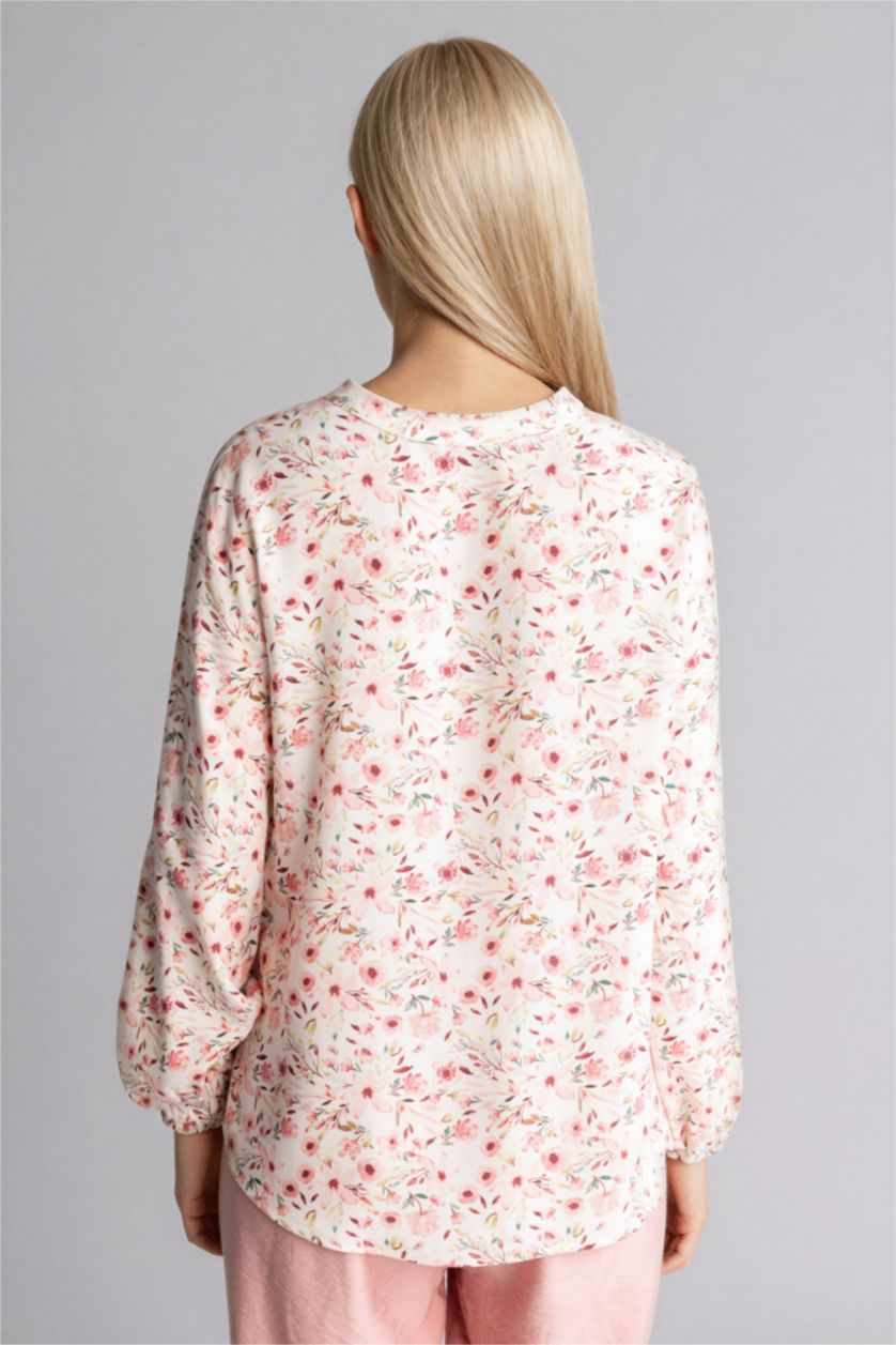 Kadın Bordo Regular Fıt Bisiklet Yaka Baskılı Uzun Kollu Bluz