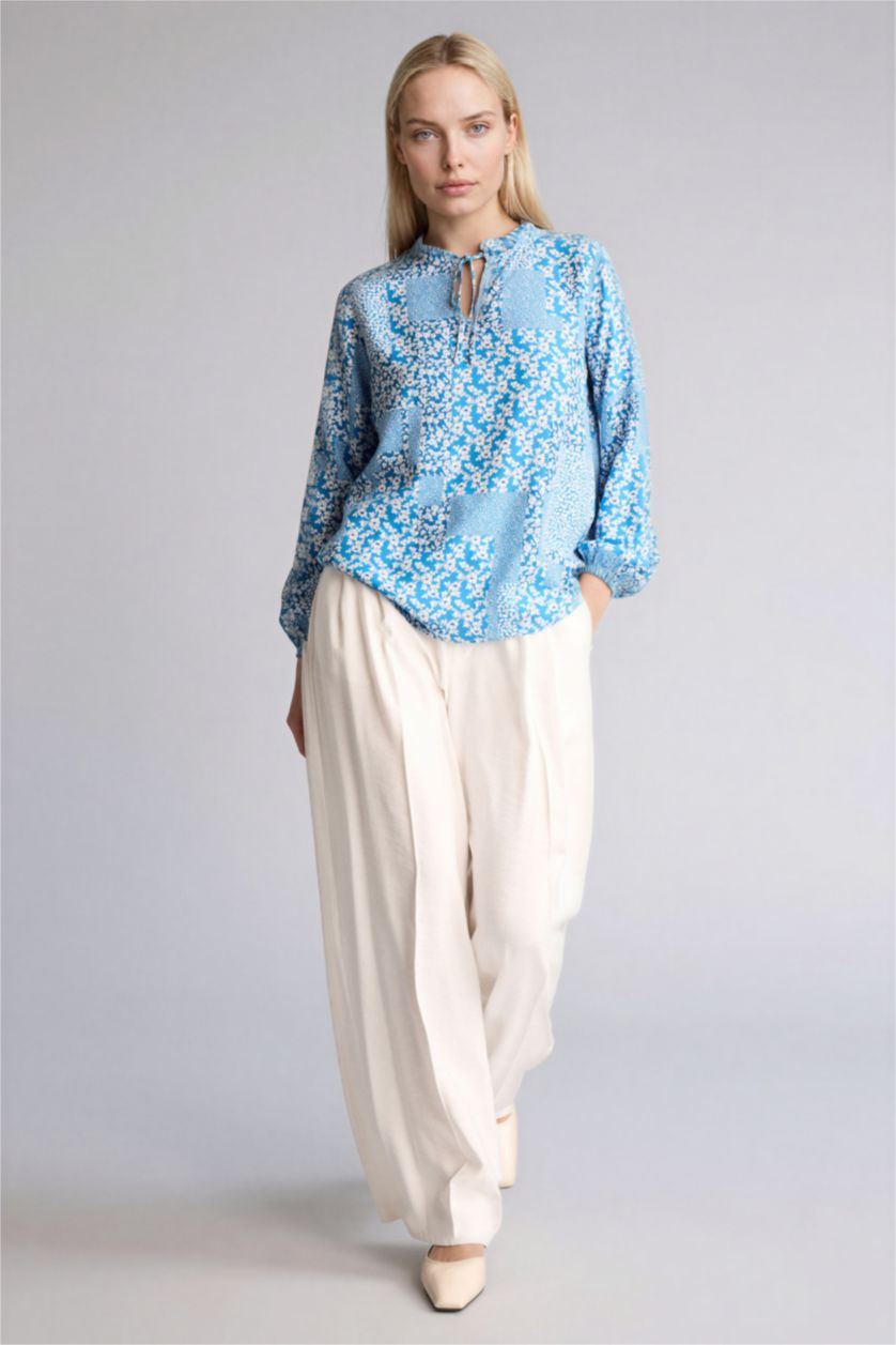 Kadın İndigo Regular Fıt Bisiklet Yaka Baskılı Uzun Kollu Bluz