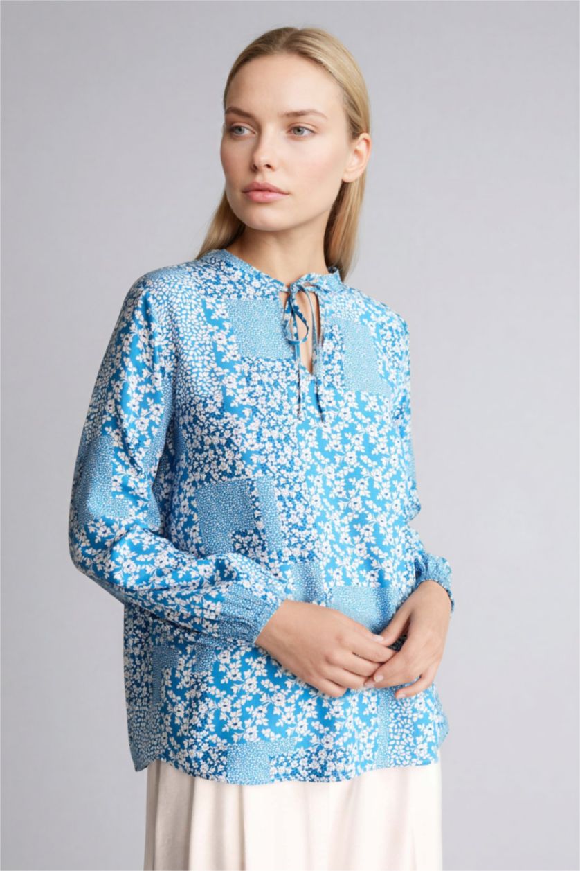 Kadın İndigo Regular Fıt Bisiklet Yaka Baskılı Uzun Kollu Bluz