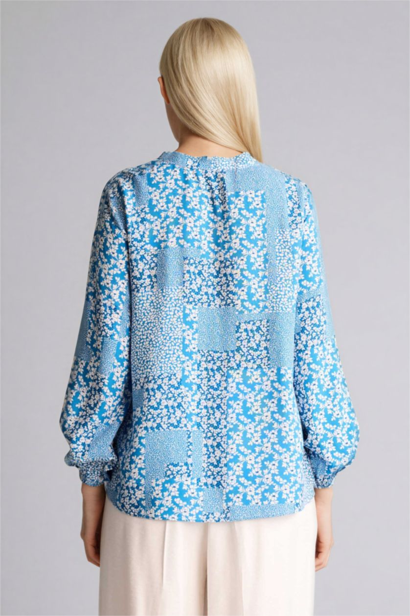 Kadın İndigo Regular Fıt Bisiklet Yaka Baskılı Uzun Kollu Bluz