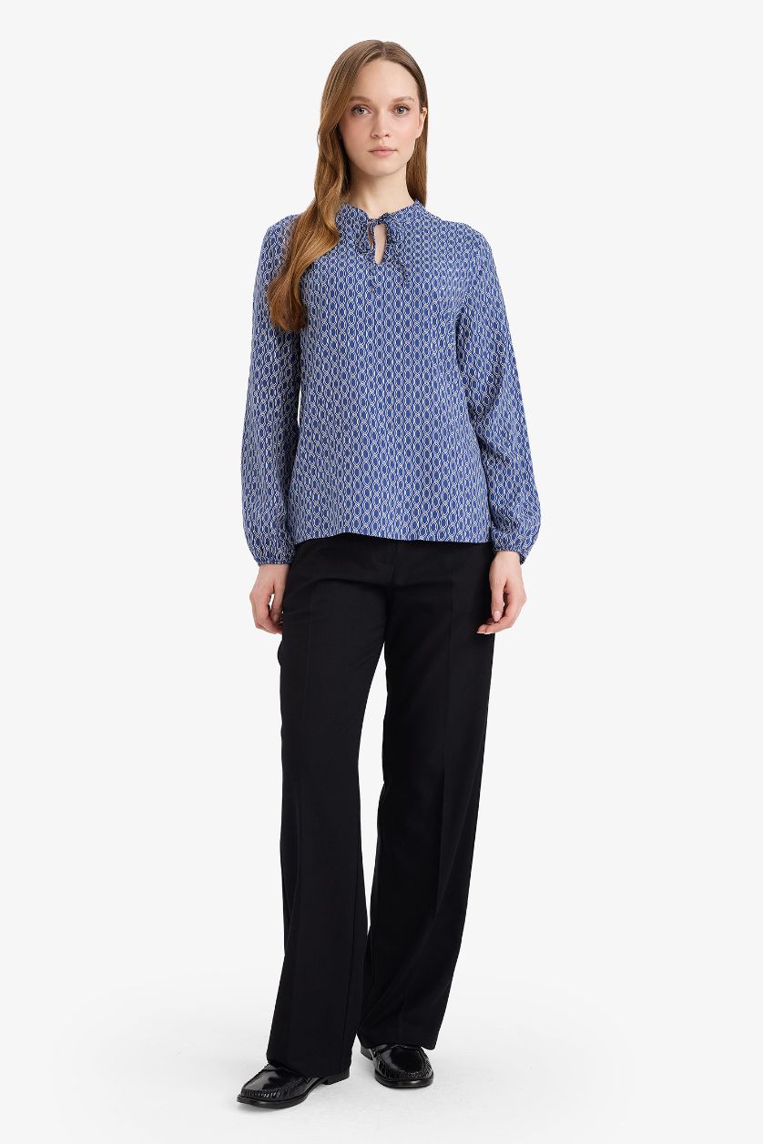 Woman Light Indigo Regular Fit Crew Neck Printed Long Sleeve Blouse