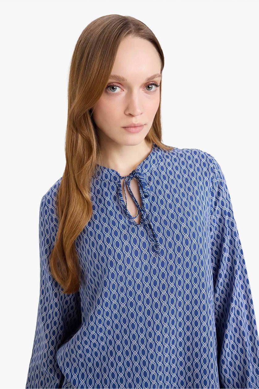 Woman Light Indigo Regular Fit Crew Neck Printed Long Sleeve Blouse