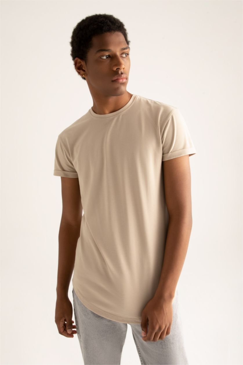 Мужчины Слоновая кость Футболка длинная с круглым вырезом