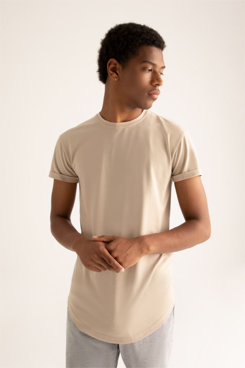 Мужчины Слоновая кость Футболка длинная с круглым вырезом