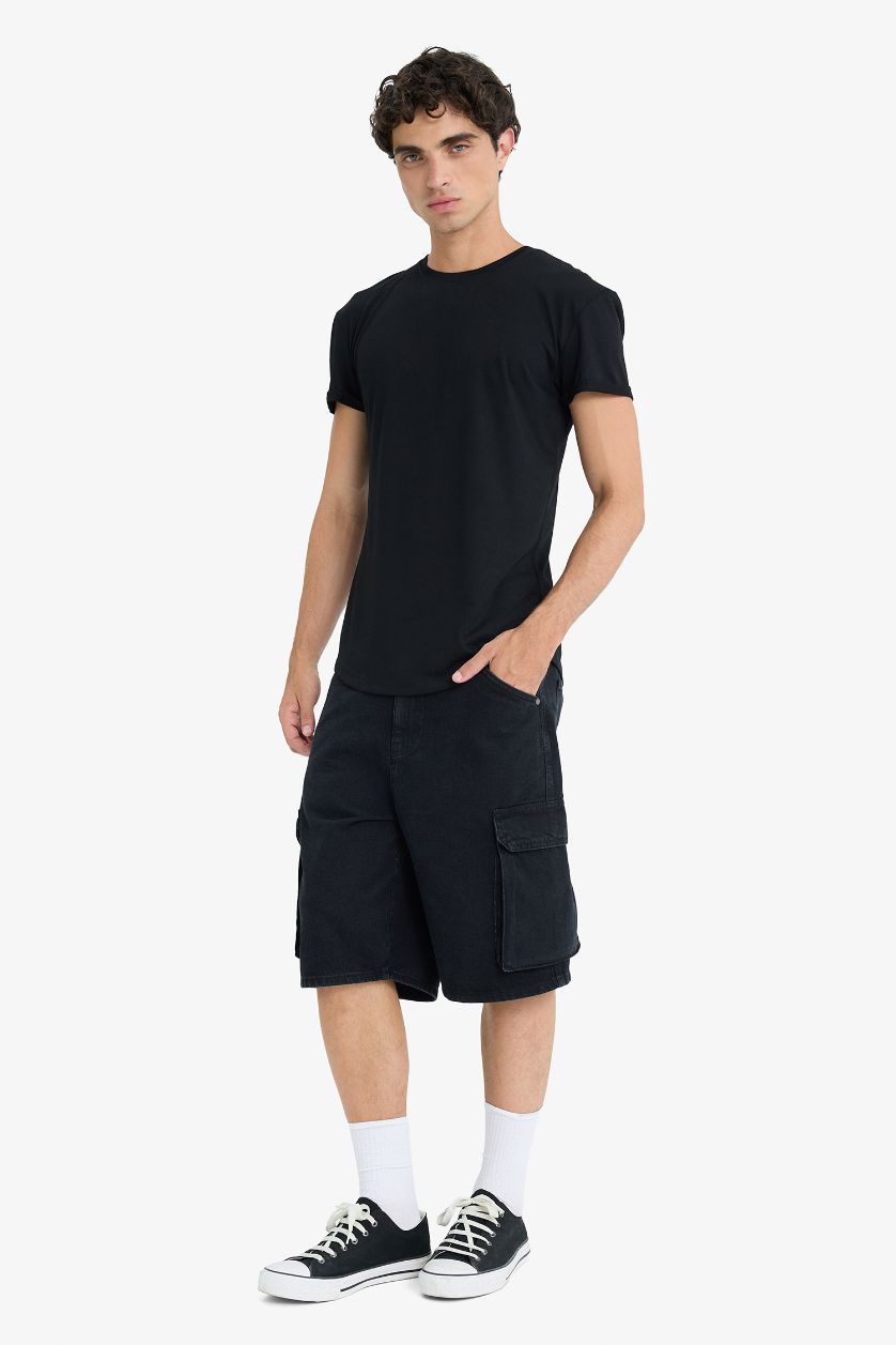 رجال أسود تيشيرت نص ردن بقصة طويلة برقبة مستديرة