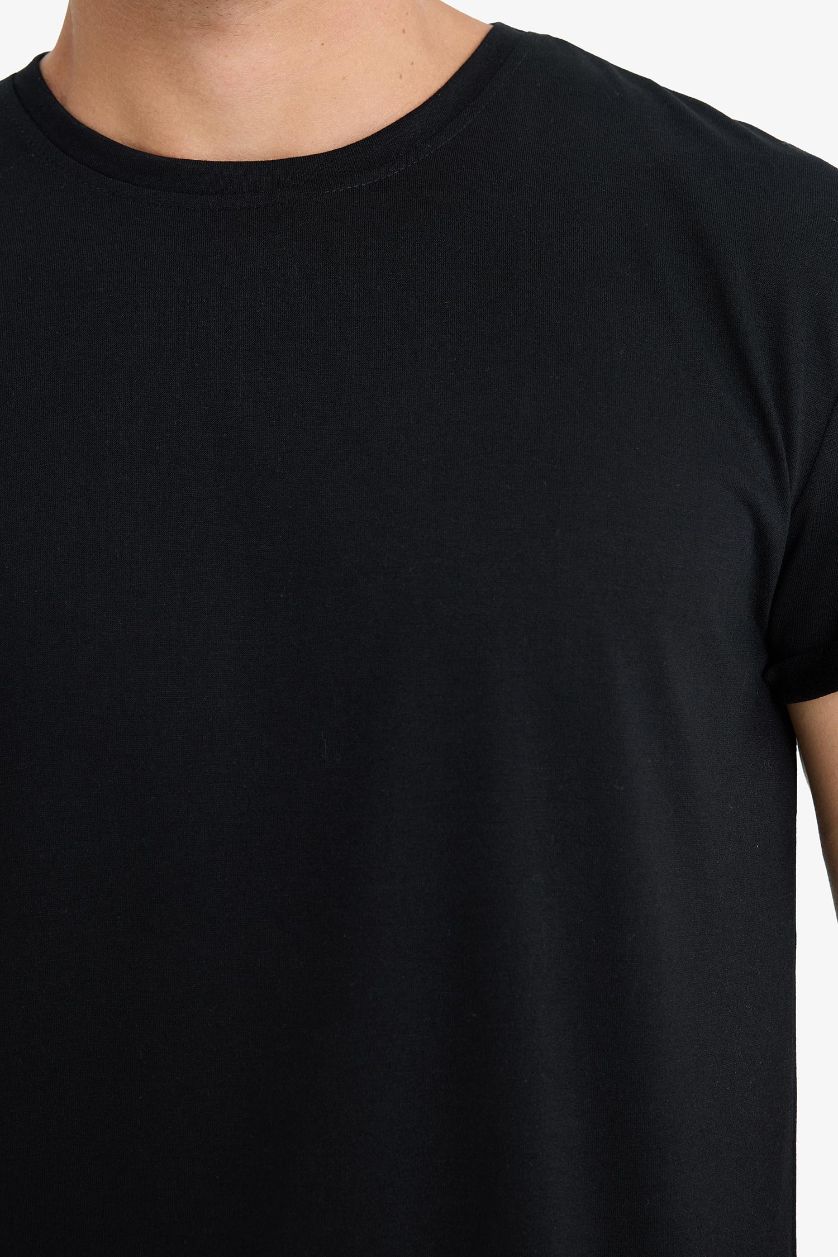 رجال أسود تيشيرت نص ردن بقصة طويلة برقبة مستديرة