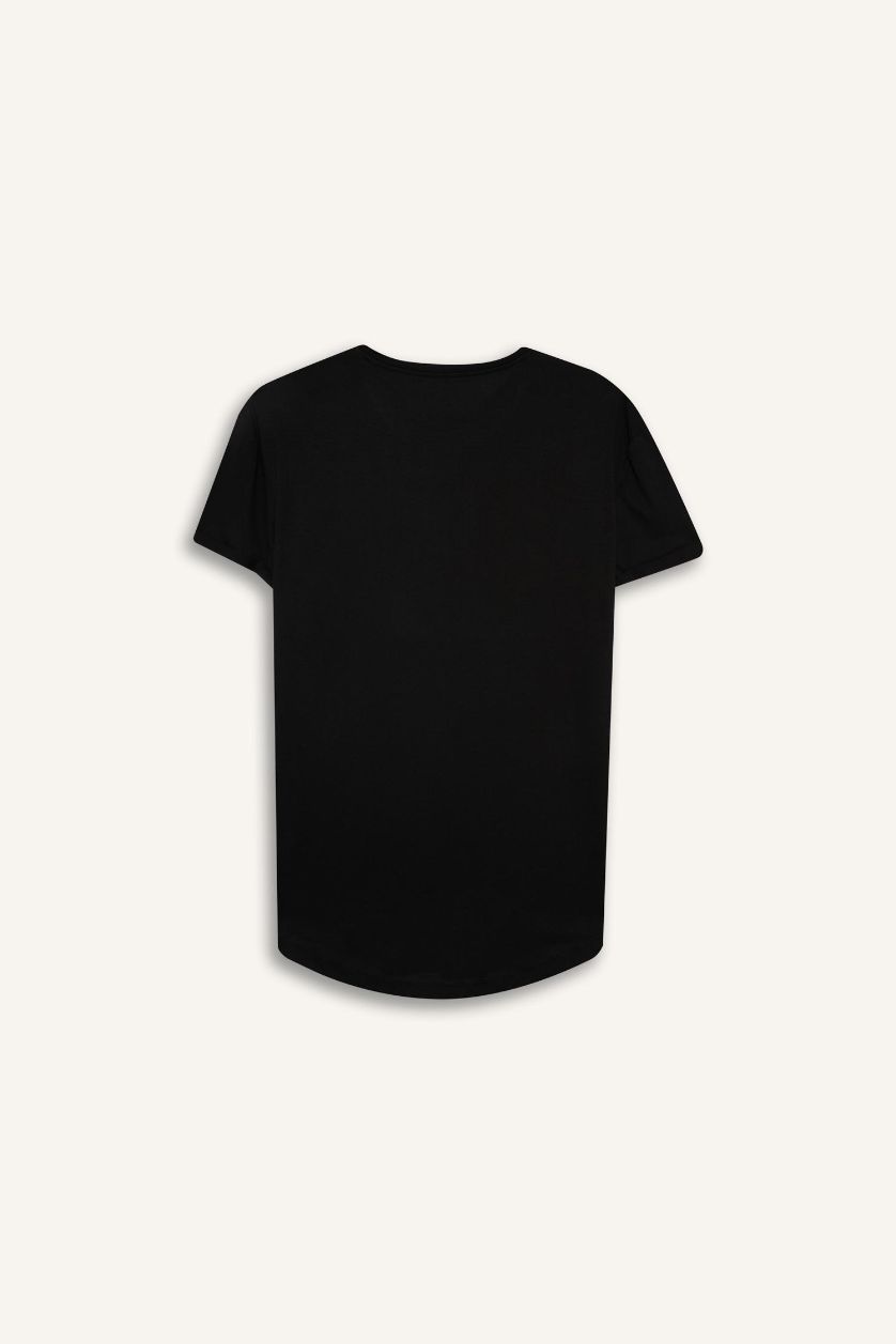 رجال أسود تيشيرت نص ردن بقصة طويلة برقبة مستديرة