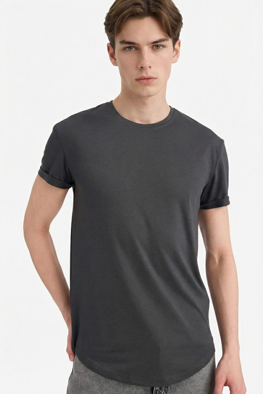 رجال أنثرا غامق تيشيرت طويل عادي برقبة مستديرة