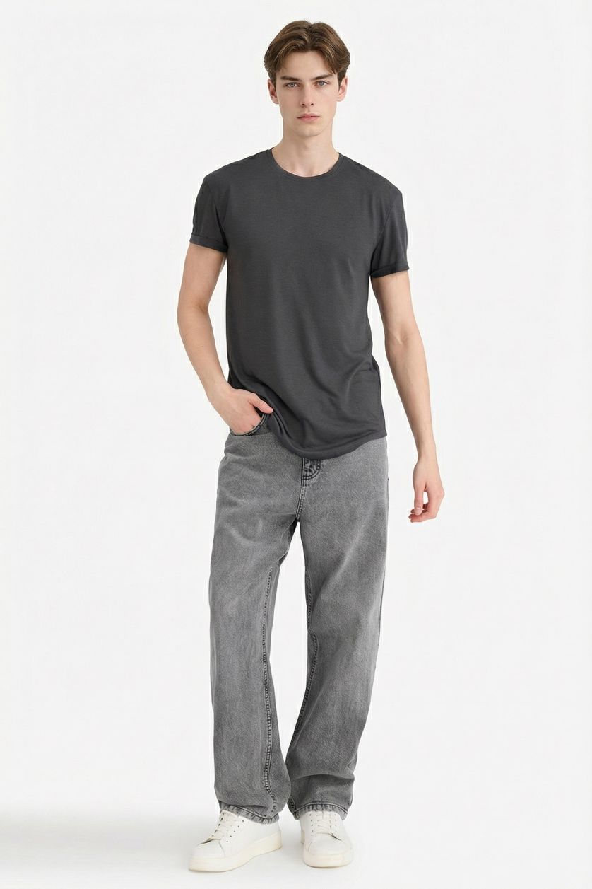 رجال أنثرا غامق تيشيرت طويل عادي برقبة مستديرة