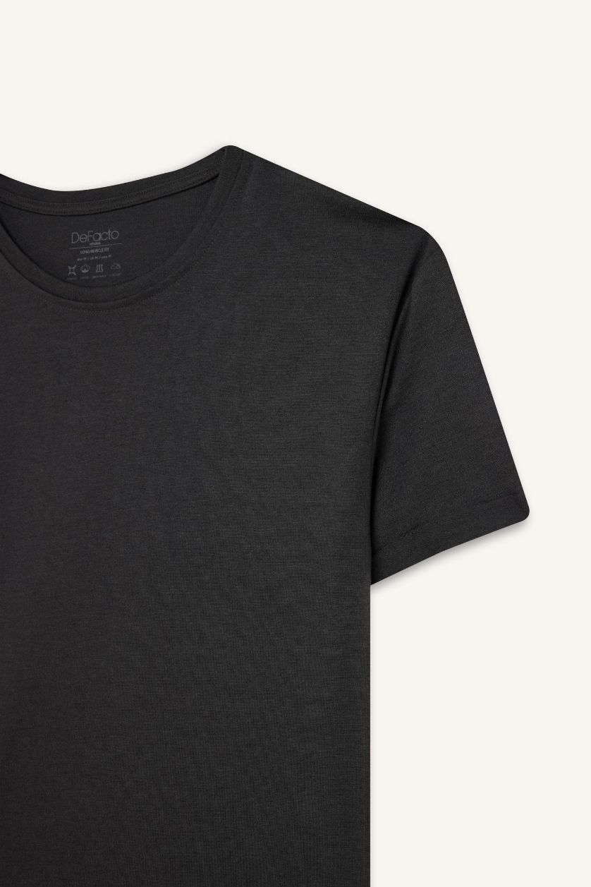 رجال أنثرا غامق تيشيرت طويل عادي برقبة مستديرة