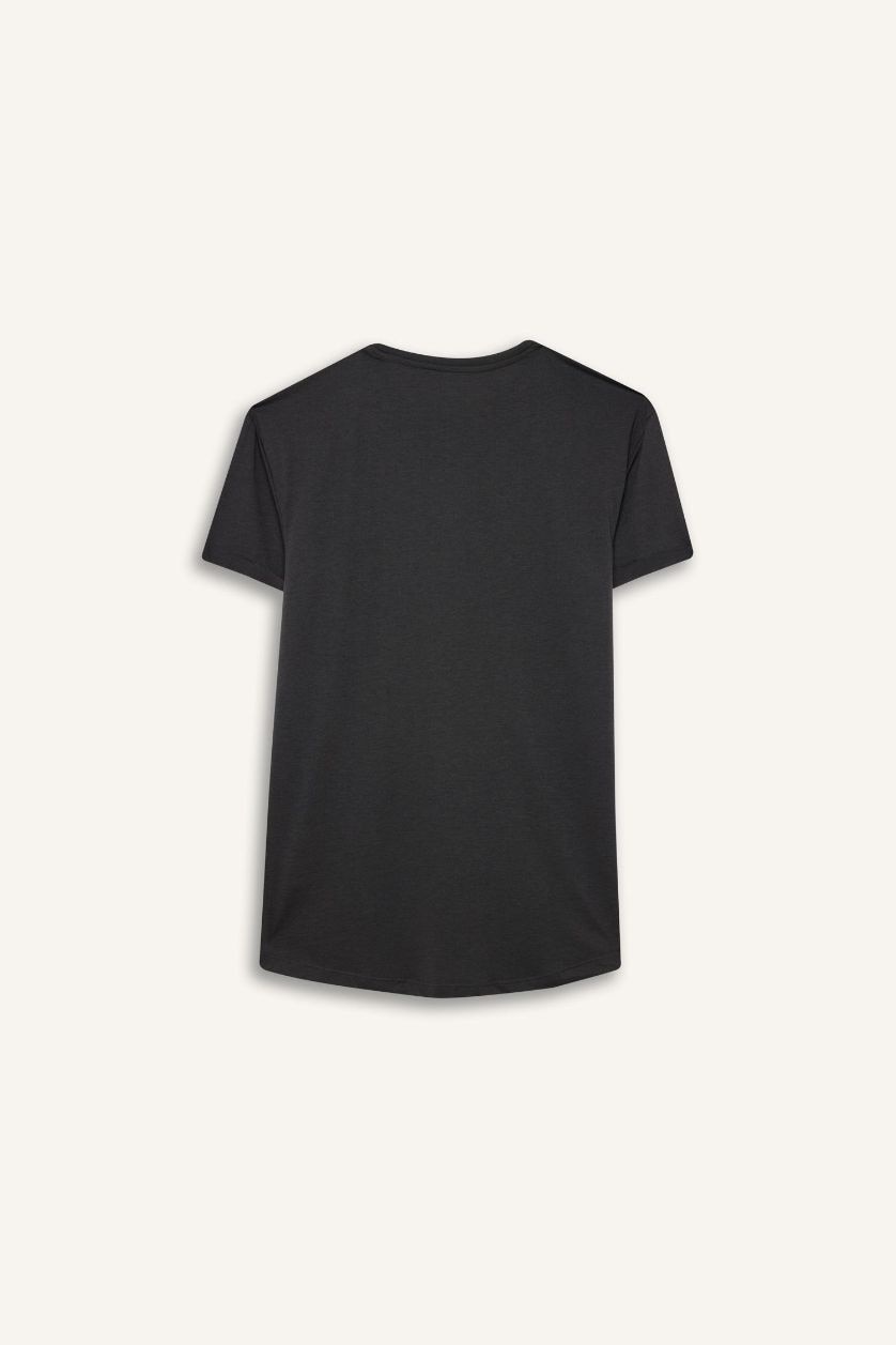 رجال أنثرا غامق تيشيرت طويل عادي برقبة مستديرة