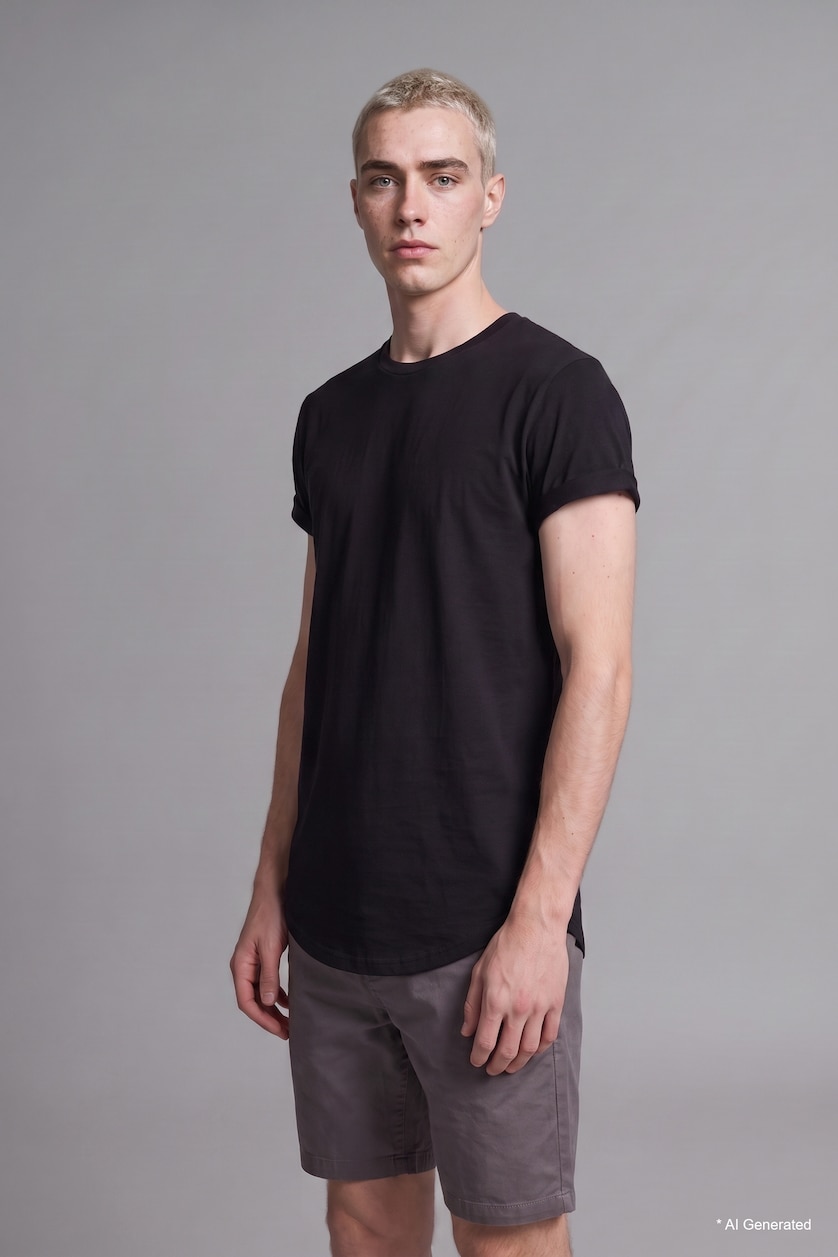Men Black Long Muscle Fit Crew Neck Basic Black T-Shirt