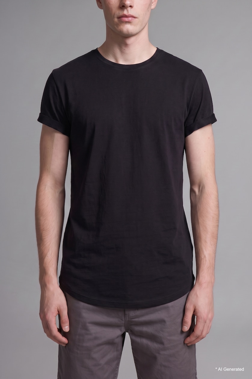 Men Black Long Muscle Fit Crew Neck Basic Black T-Shirt