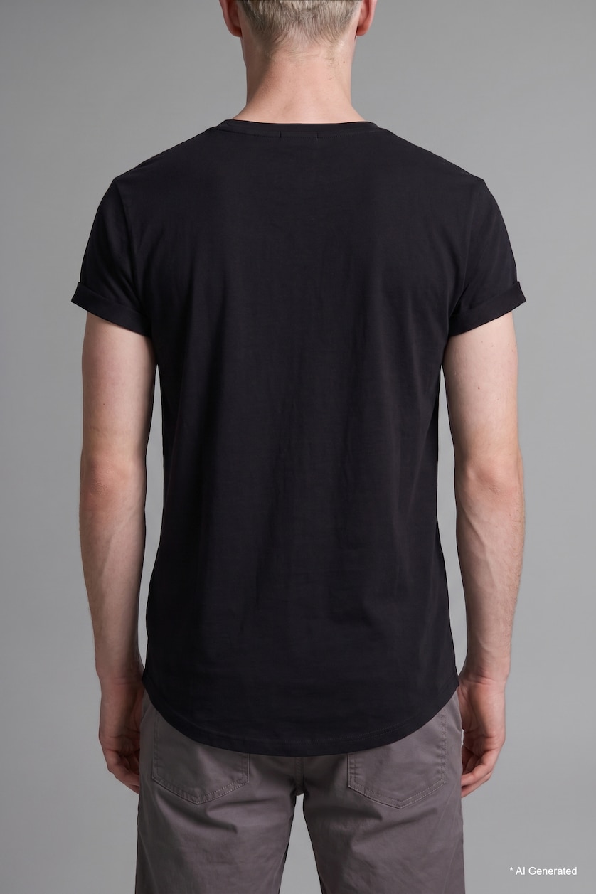 Men Black Long Muscle Fit Crew Neck Basic Black T-Shirt