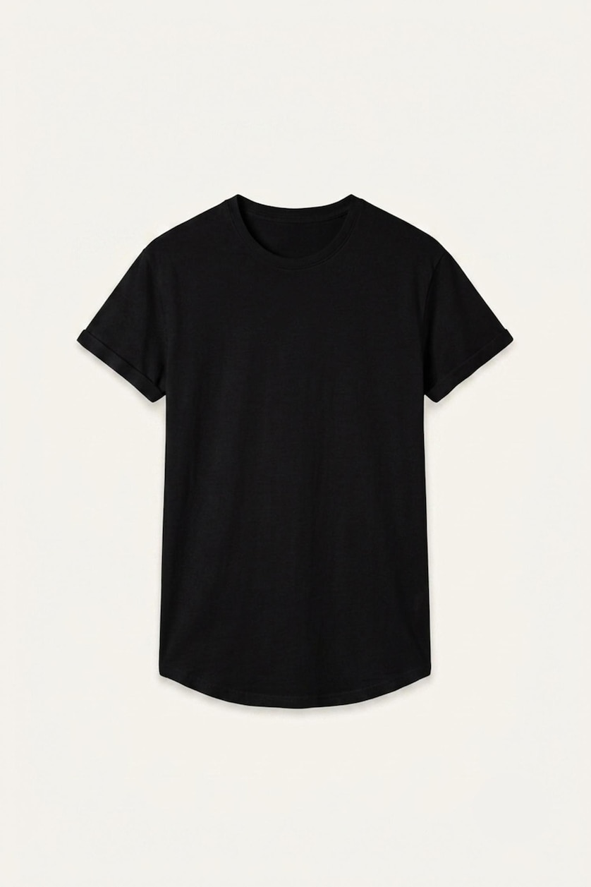 Men Black Long Muscle Fit Crew Neck Basic Black T-Shirt
