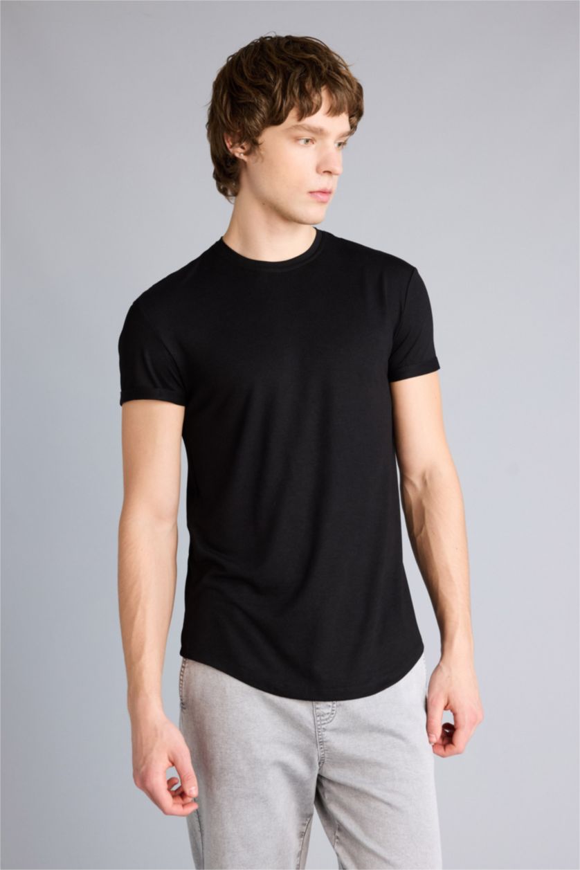 Erkek Siyah Long Muscle Fit Bisiklet Yaka Kısa Kollu Tişört