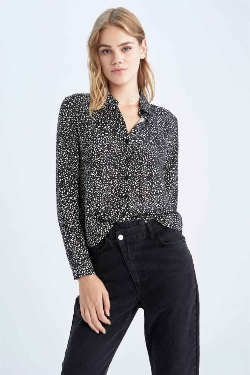 Женщины Черный Рубашка с длинным рукавом стандартного кроя с принтом для женщин