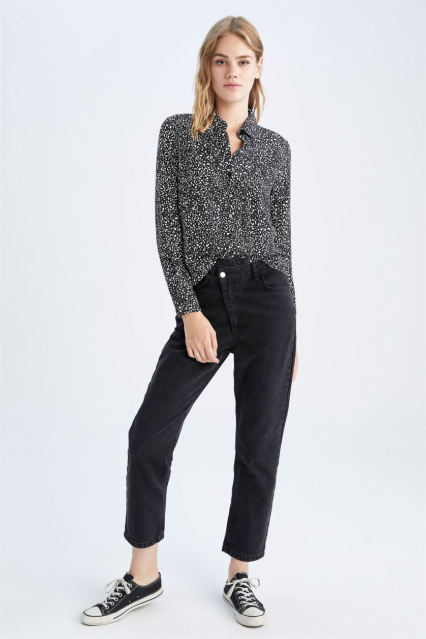 Женщины Черный Рубашка с длинным рукавом стандартного кроя с принтом для женщин