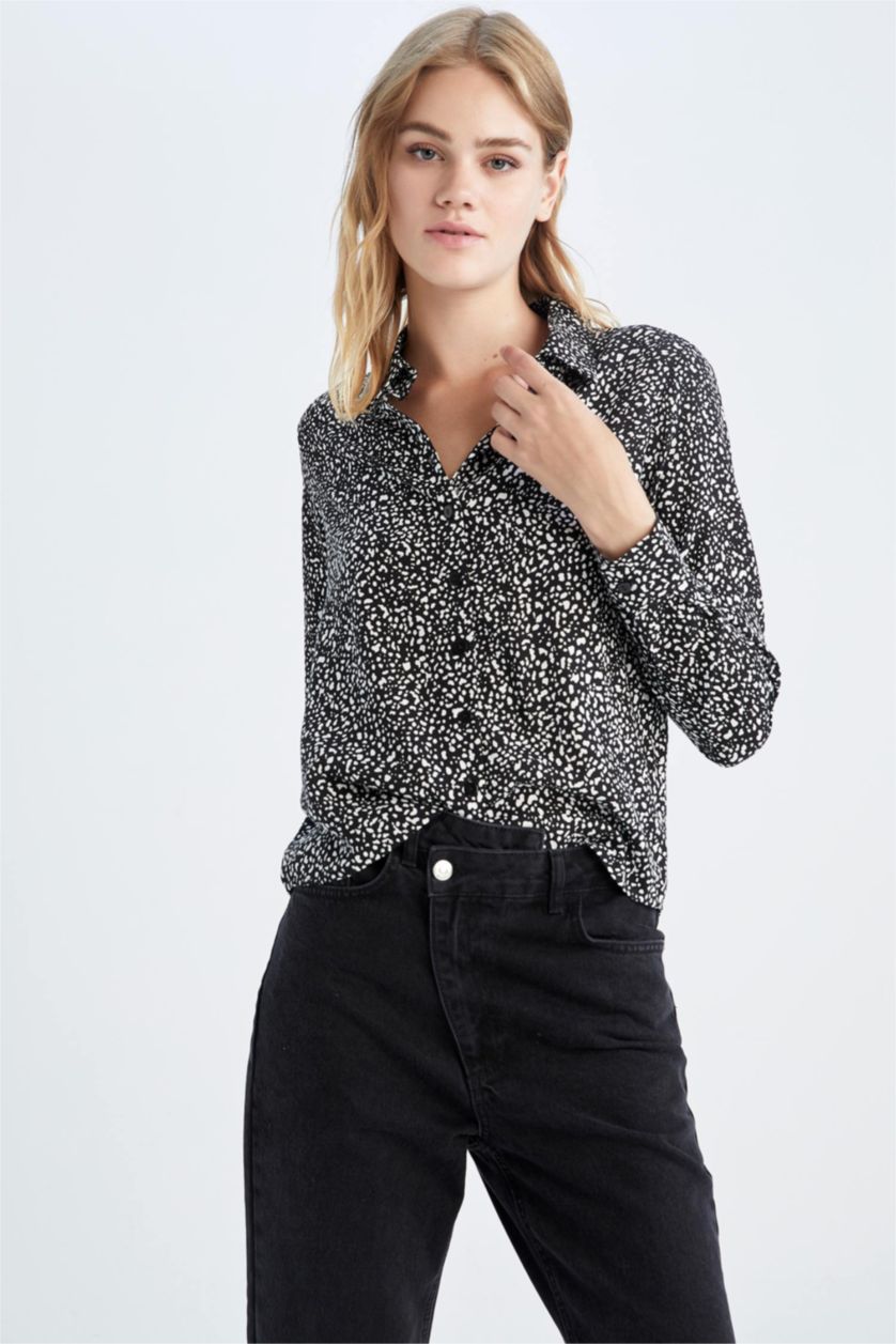 Женщины Черный Рубашка с длинным рукавом стандартного кроя с принтом для женщин