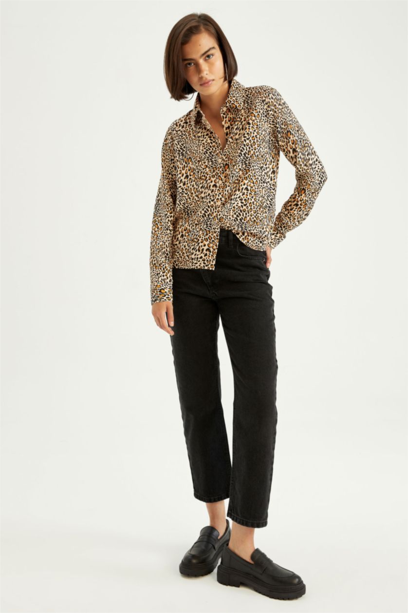 نساء اللون الحجري قميص فيسكوز تايجر كم طويل قصة عادية