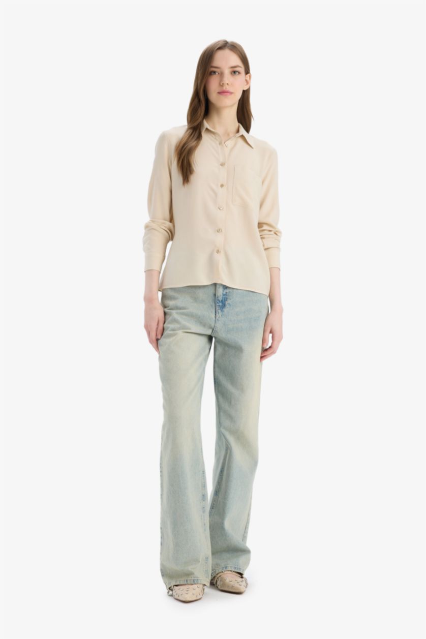 Kadın Bej Regular Fit Basic Düz Viskon Uzun Kollu Gömlek