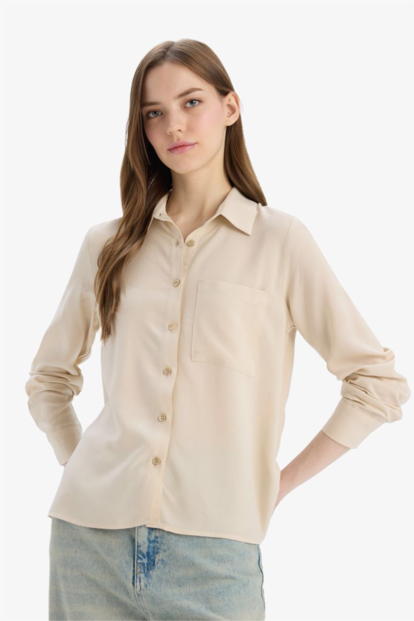 Kadın Bej Regular Fit Basic Düz Viskon Uzun Kollu Gömlek