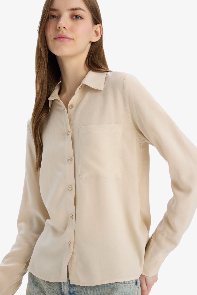 Kadın Bej Regular Fit Basic Düz Viskon Uzun Kollu Gömlek