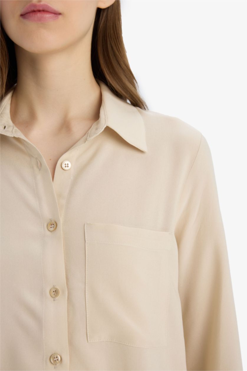 Kadın Bej Regular Fit Basic Düz Viskon Uzun Kollu Gömlek