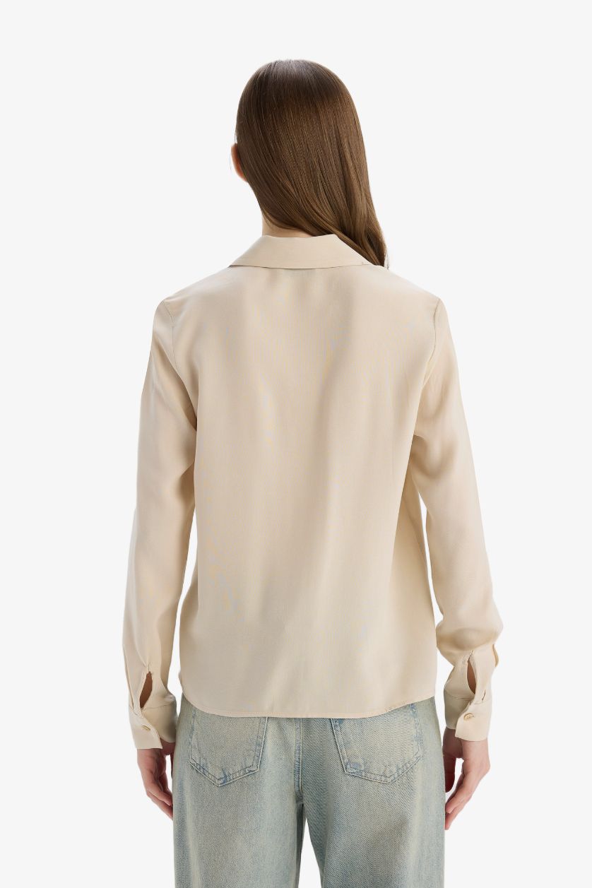 Kadın Bej Regular Fit Basic Düz Viskon Uzun Kollu Gömlek