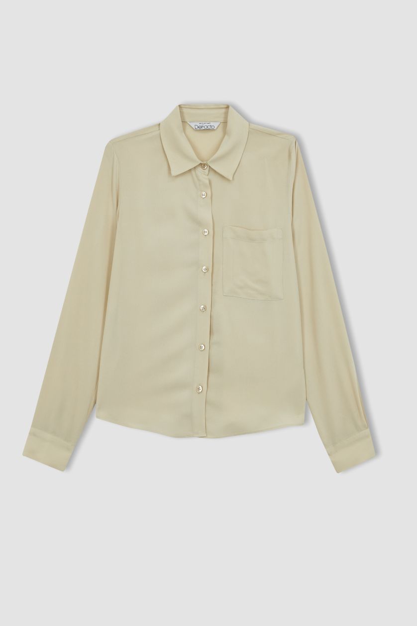 Kadın Bej Regular Fit Basic Düz Viskon Uzun Kollu Gömlek