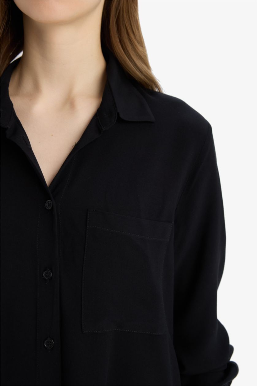 Kadın Siyah Regular Fit Viskon Uzun Kollu Gömlek