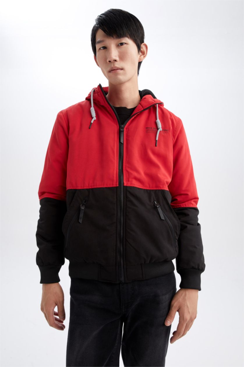 Erkek Kırmızı Su Geçirmez Rüzgar Geçirmez Slim Fit Kapüşonlu Suni Kürklü Mont