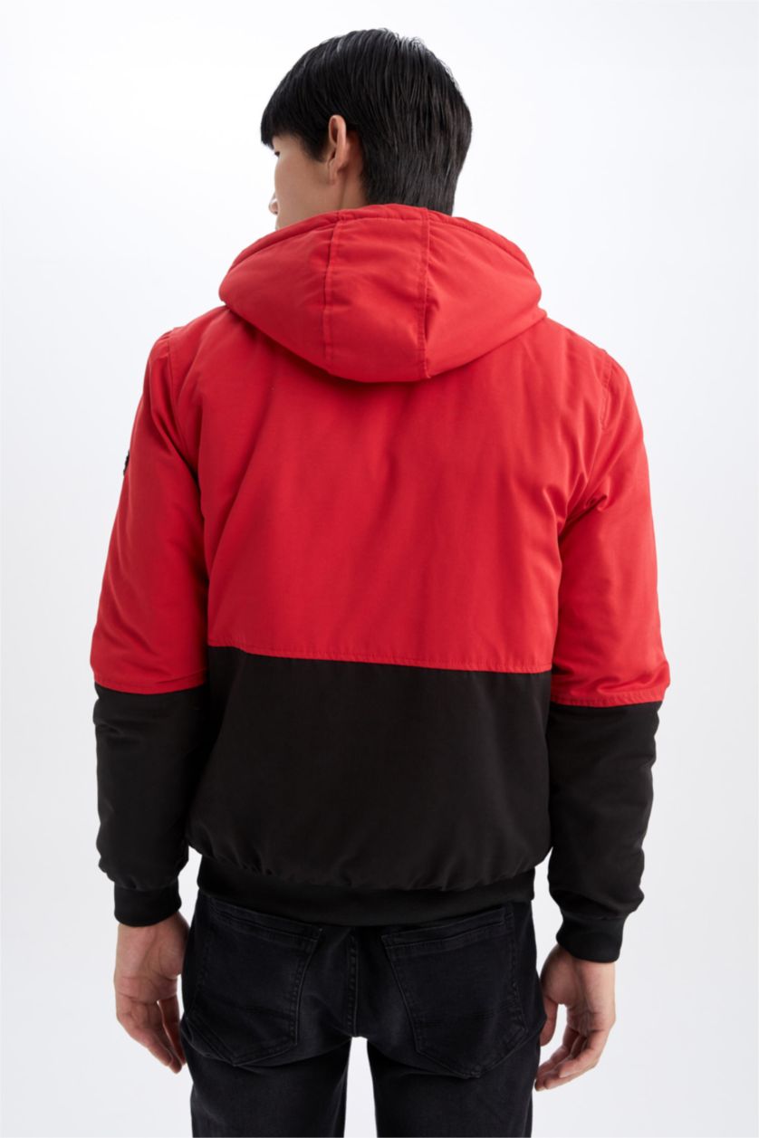 Erkek Kırmızı Su Geçirmez Rüzgar Geçirmez Slim Fit Kapüşonlu Suni Kürklü Mont