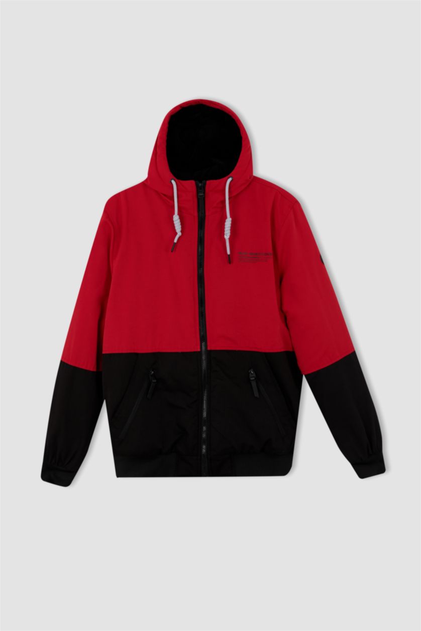 Erkek Kırmızı Su Geçirmez Rüzgar Geçirmez Slim Fit Kapüşonlu Suni Kürklü Mont