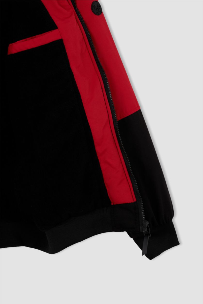 Erkek Kırmızı Su Geçirmez Rüzgar Geçirmez Slim Fit Kapüşonlu Suni Kürklü Mont