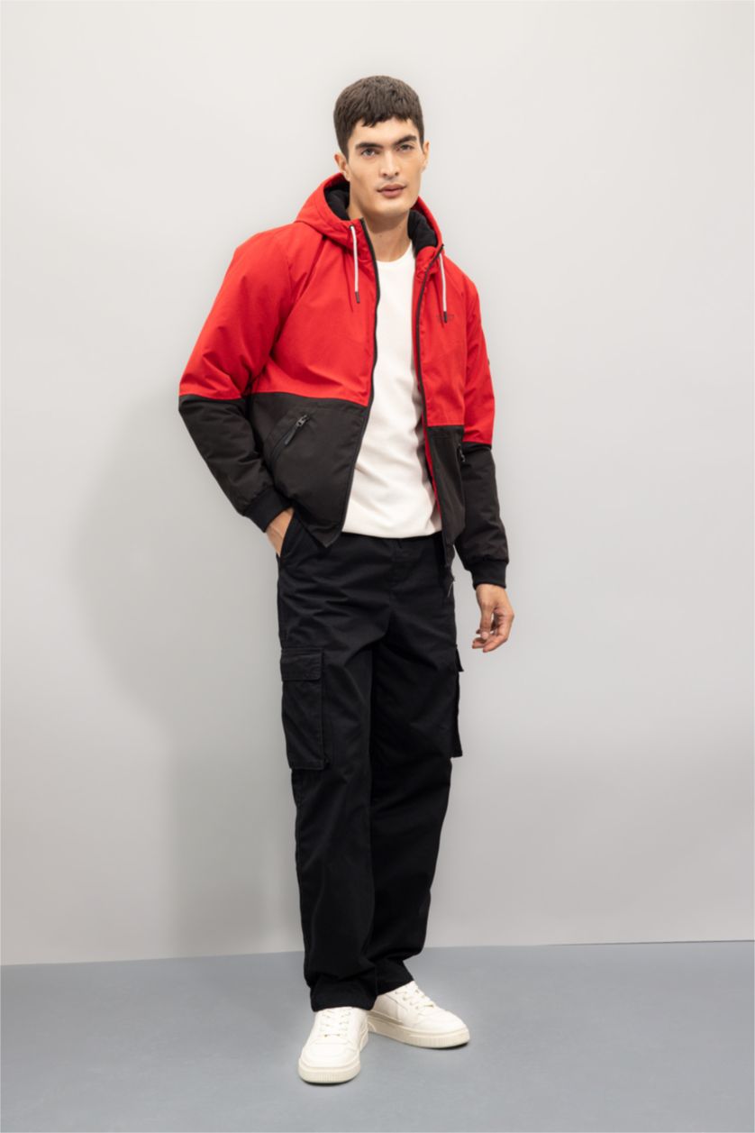 Erkek Kırmızı Slim Fit Dar Kesim Kapüşonlu Polar Mont Astarlı Fermuarlı