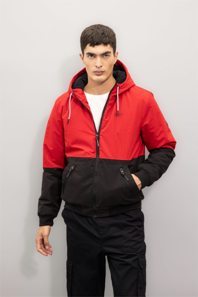 Erkek Kırmızı Slim Fit Dar Kesim Kapüşonlu Polar Mont Astarlı Fermuarlı