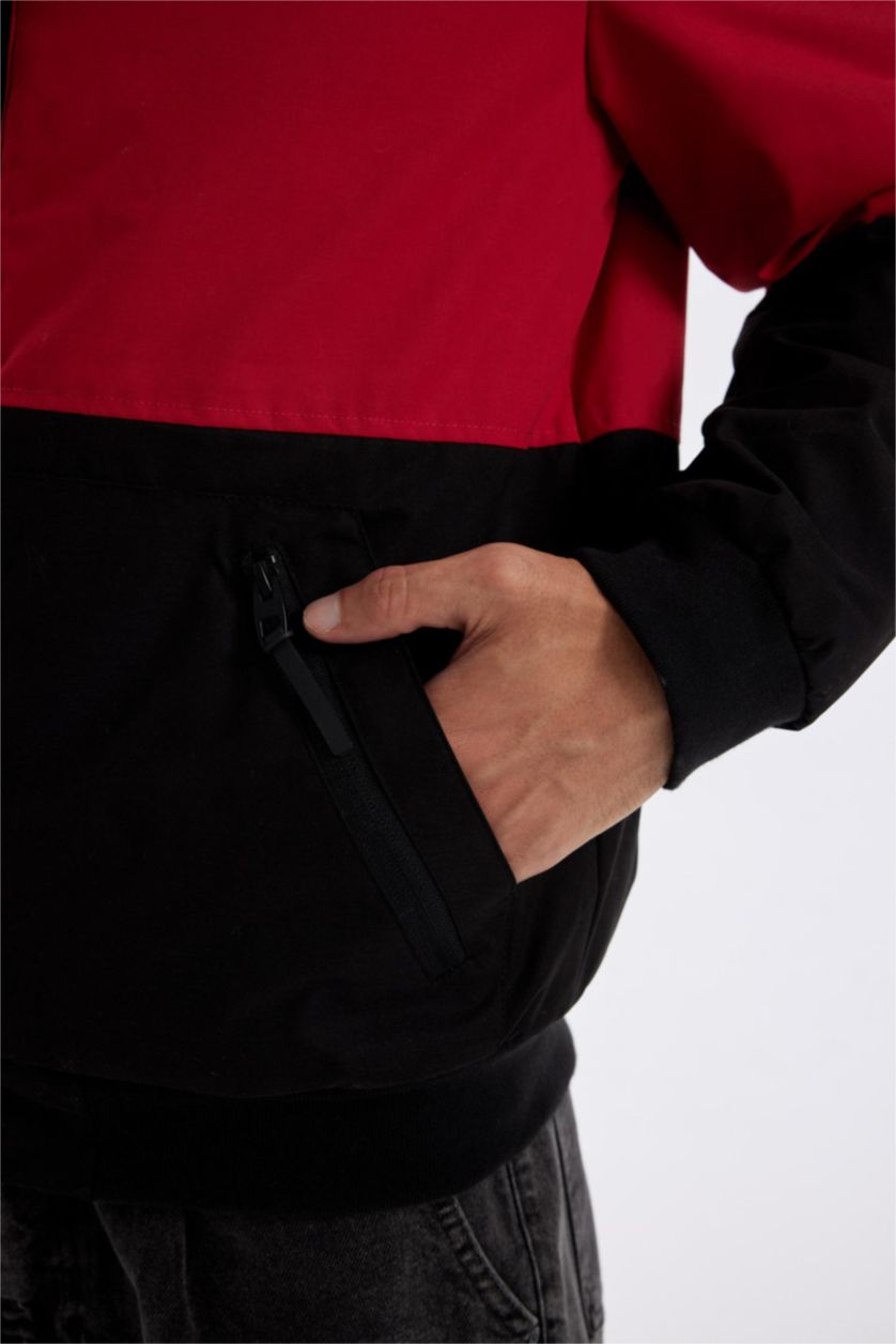 Erkek Kırmızı Slim Fit Dar Kesim Kapüşonlu Polar Mont Astarlı Fermuarlı