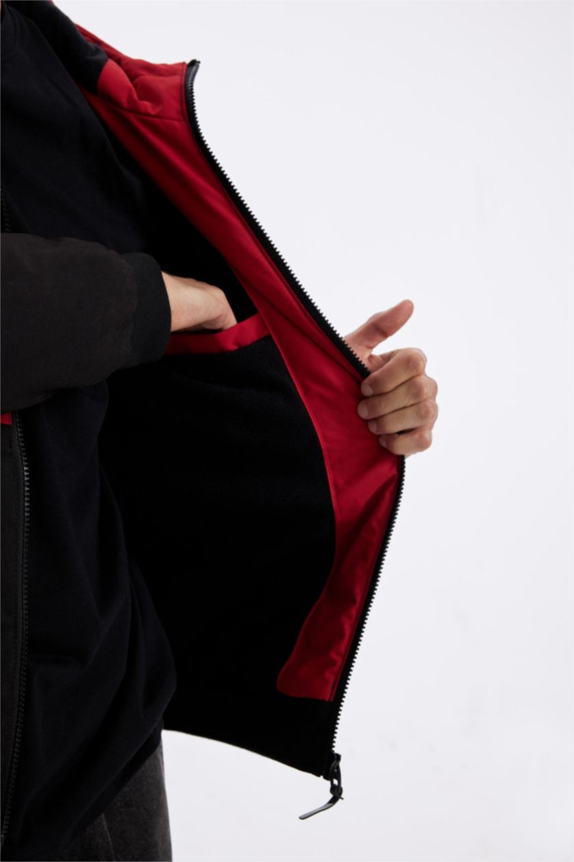 Erkek Kırmızı Slim Fit Dar Kesim Kapüşonlu Polar Mont Astarlı Fermuarlı
