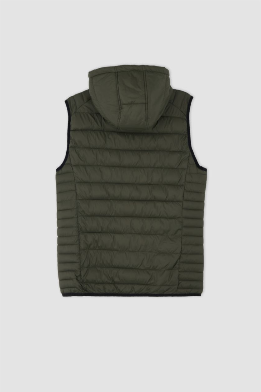 Erkek Haki Hafif Şişme Yelek Su İtici Slim Fit Dar Kesim Kapüşonlu Fermuarlı Cepli Mevsimlik