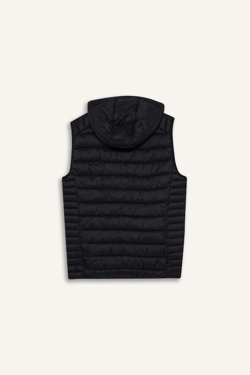 MAN Black Hooded Zipper Closure Pocketed Thin Puffer Vest