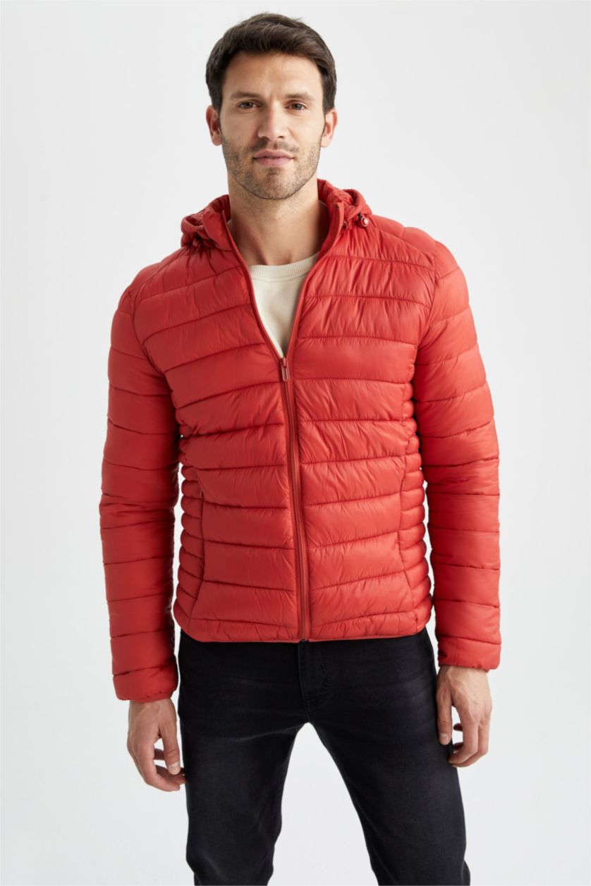 Erkek Koyu Turuncu Su İtici Slim Fit Dar Kesim İç Cep Detaylı Kapüşonlu Fermuarlı Cepli Şişme Mont