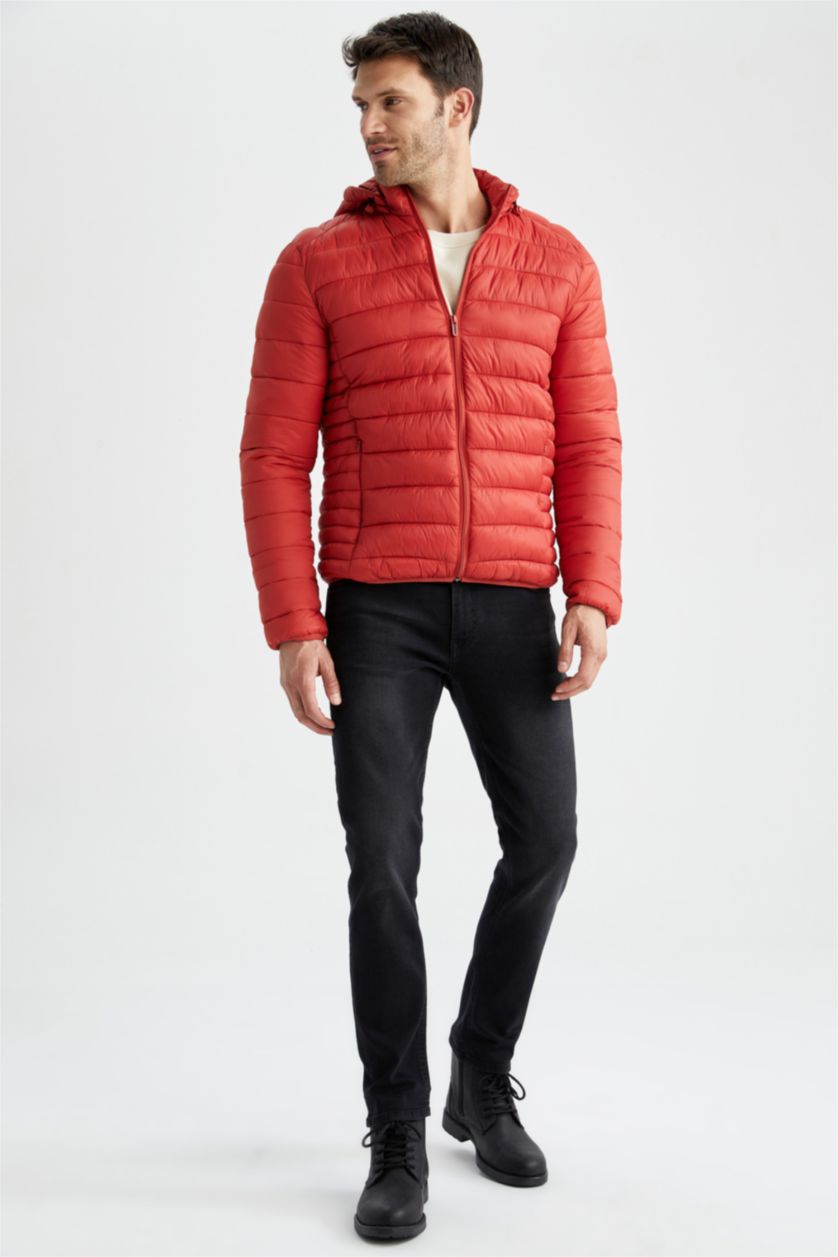 Erkek Koyu Turuncu Su İtici Slim Fit Dar Kesim İç Cep Detaylı Kapüşonlu Fermuarlı Cepli Şişme Mont