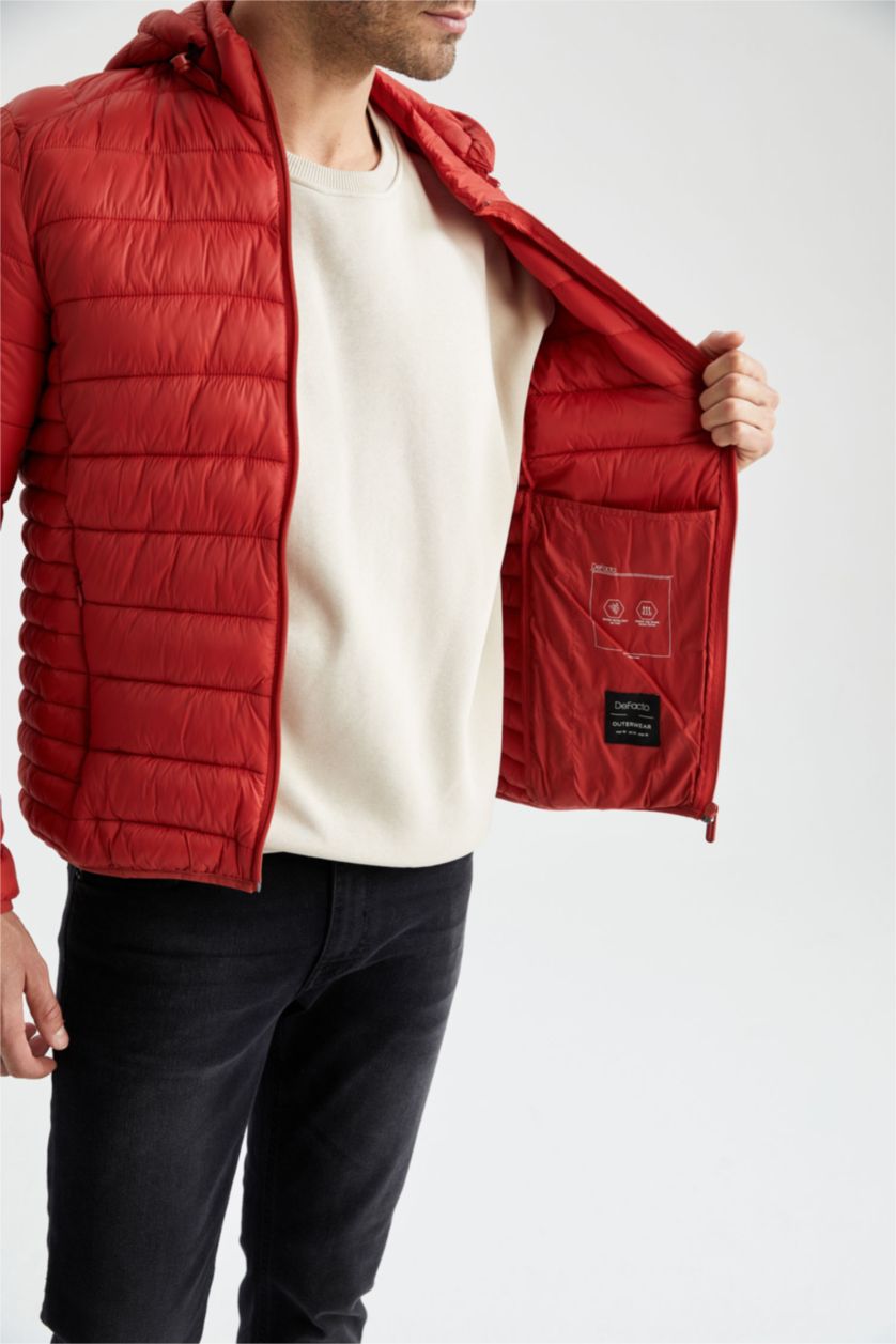 Erkek Koyu Turuncu Su İtici Slim Fit Dar Kesim İç Cep Detaylı Kapüşonlu Fermuarlı Cepli Şişme Mont