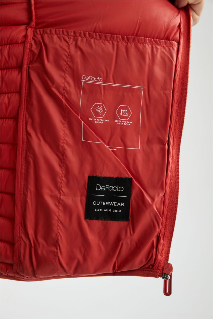 Erkek Koyu Turuncu Su İtici Slim Fit Dar Kesim İç Cep Detaylı Kapüşonlu Fermuarlı Cepli Şişme Mont