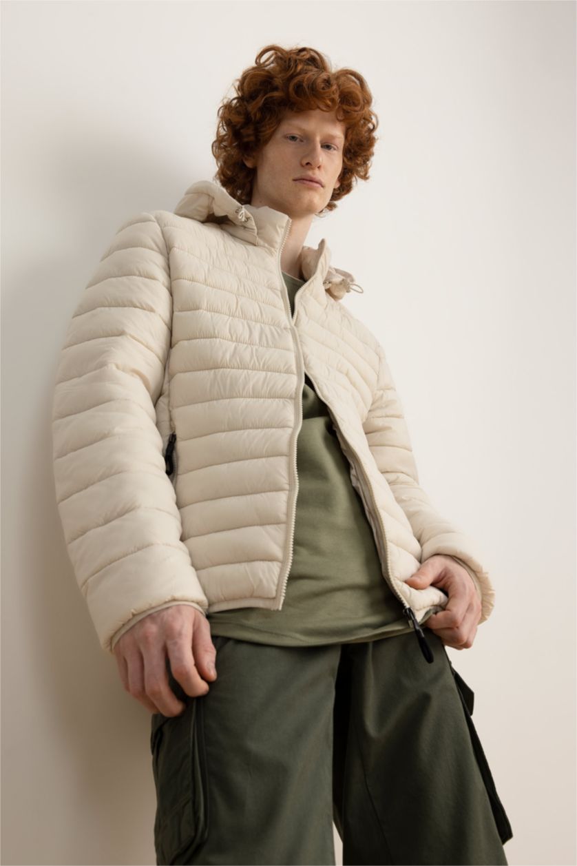 Erkek Taş Su İtici Hafif Şişme Mont Slim Fit Dar Kesim Kapüşonlu Fermuarlı Cepli Mevsimlik