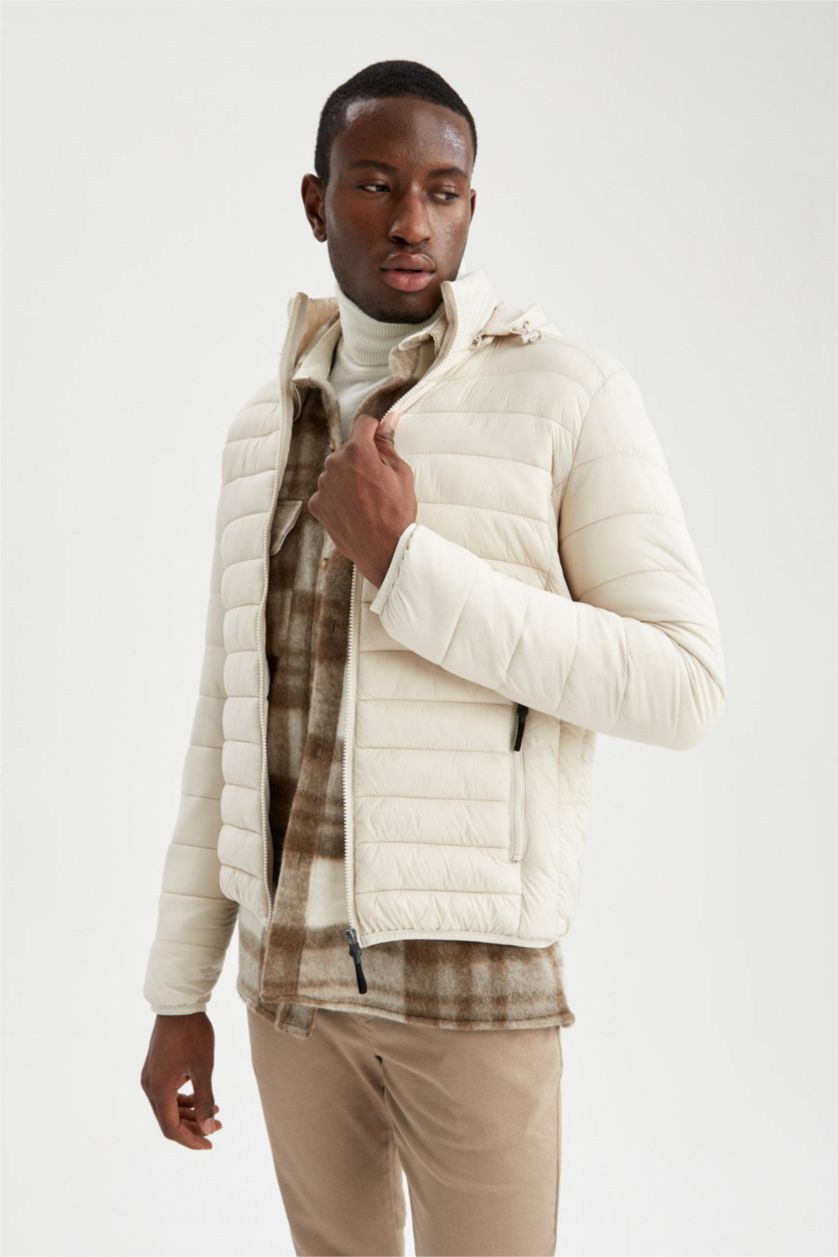 Erkek Taş Su İtici Hafif Şişme Mont Slim Fit Dar Kesim Kapüşonlu Fermuarlı Cepli Mevsimlik