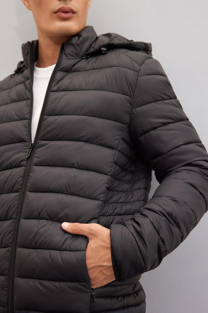 Erkek Siyah Sıcak Tutan Su İtici Slim Fit Mont